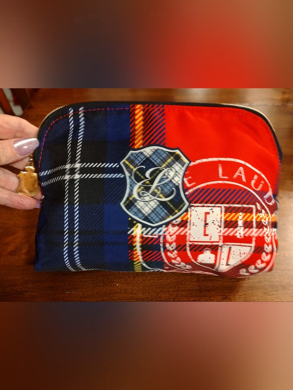 Estee Lauder Red & Navy Plaid Crest Toiletry Pouch